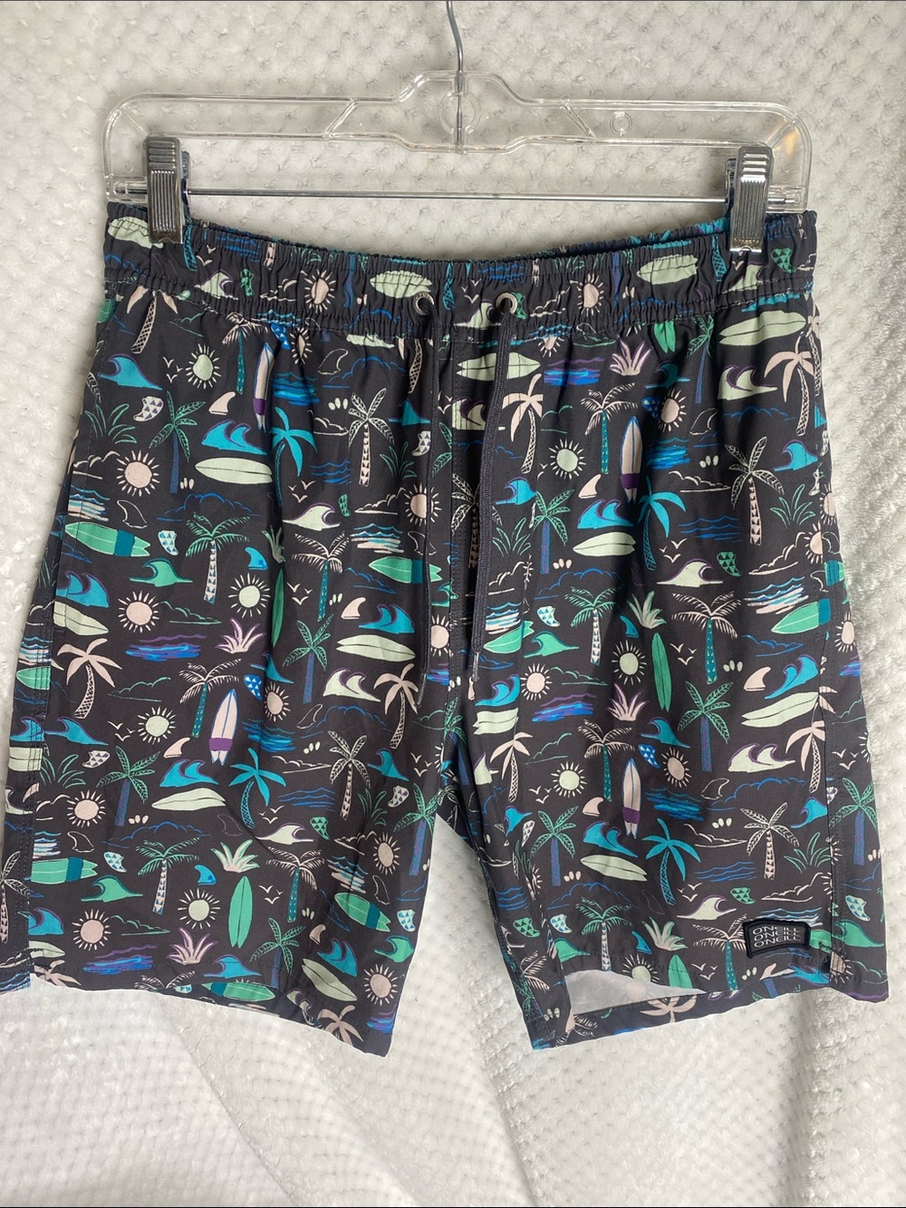 O'Neill Men's Gray Swim Trunks Shorts with Teal & Aqua Tropical Surf Print